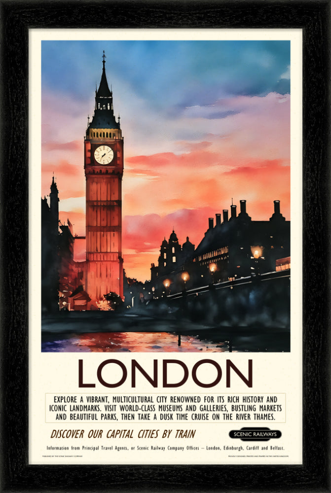 Vintage travel poster- London - Dusk at the Houses of Parliament - Scenic Railways