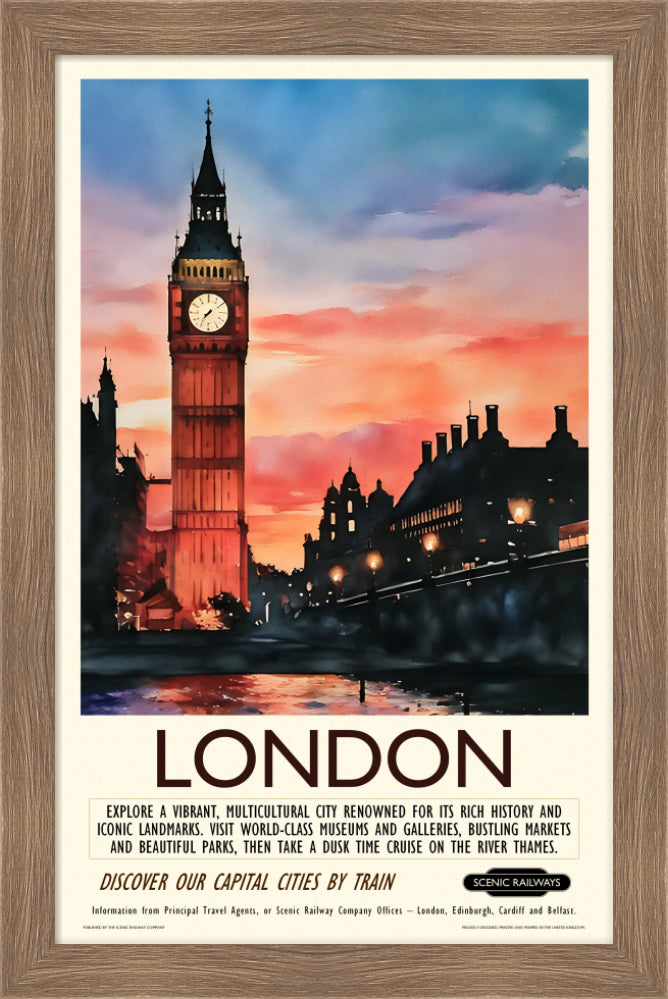 Vintage travel poster- London - Dusk at the Houses of Parliament - Scenic Railways