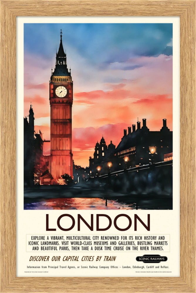 Vintage travel poster- London - Dusk at the Houses of Parliament - Scenic Railways