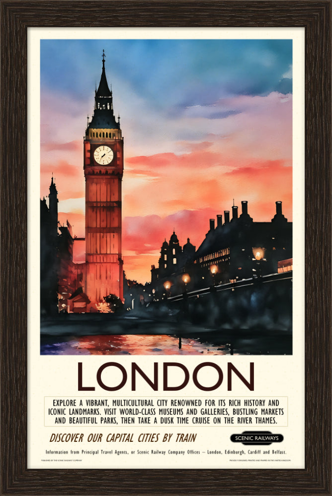 Vintage travel poster- London - Dusk at the Houses of Parliament - Scenic Railways