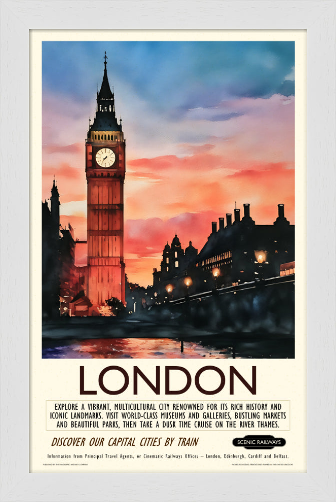 Vintage travel poster- London, Dusk at the Houses of Parliament - Scenic Railways