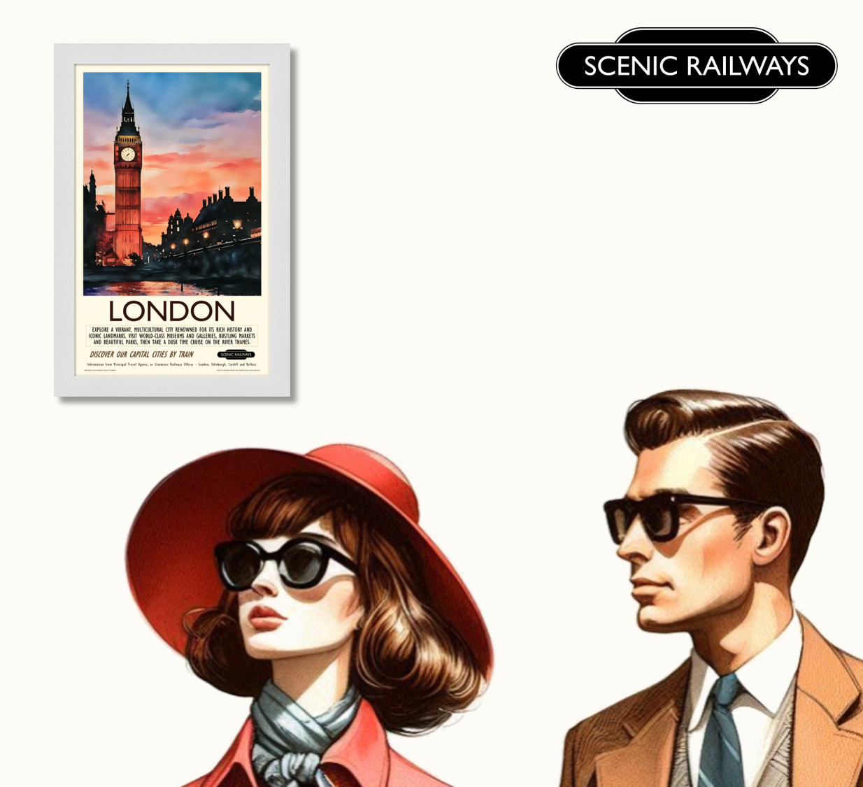 Vintage travel poster- London, Dusk at the Houses of Parliament - Scenic Railways