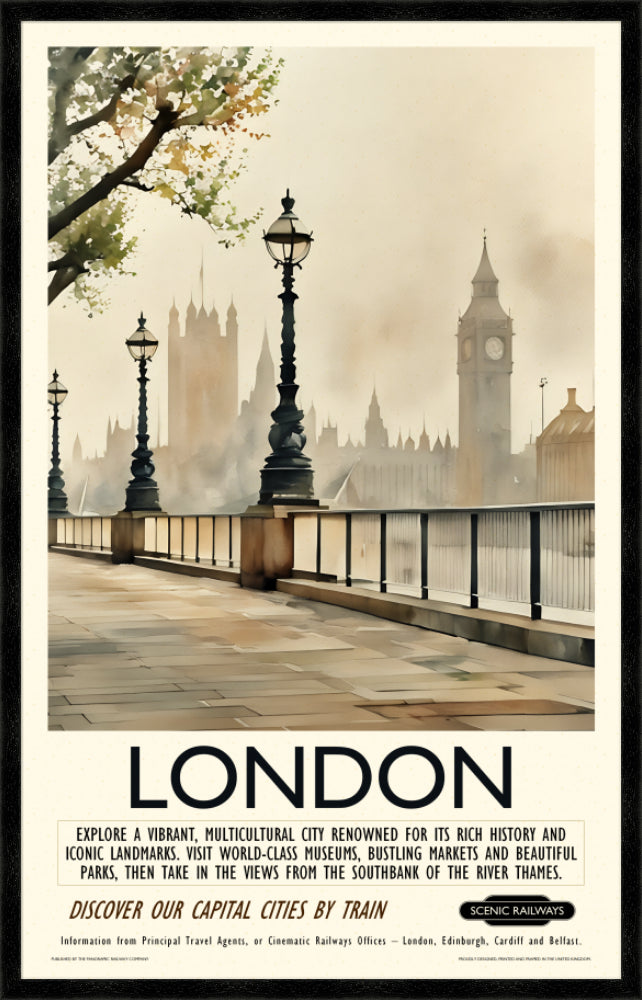 Vintage travel poster- London - Hazy Houses of Parliament - Scenic Railways