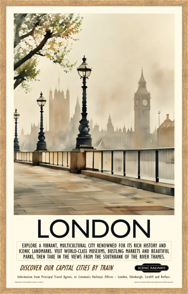 Vintage travel poster- London - Hazy Houses of Parliament - Scenic Railways