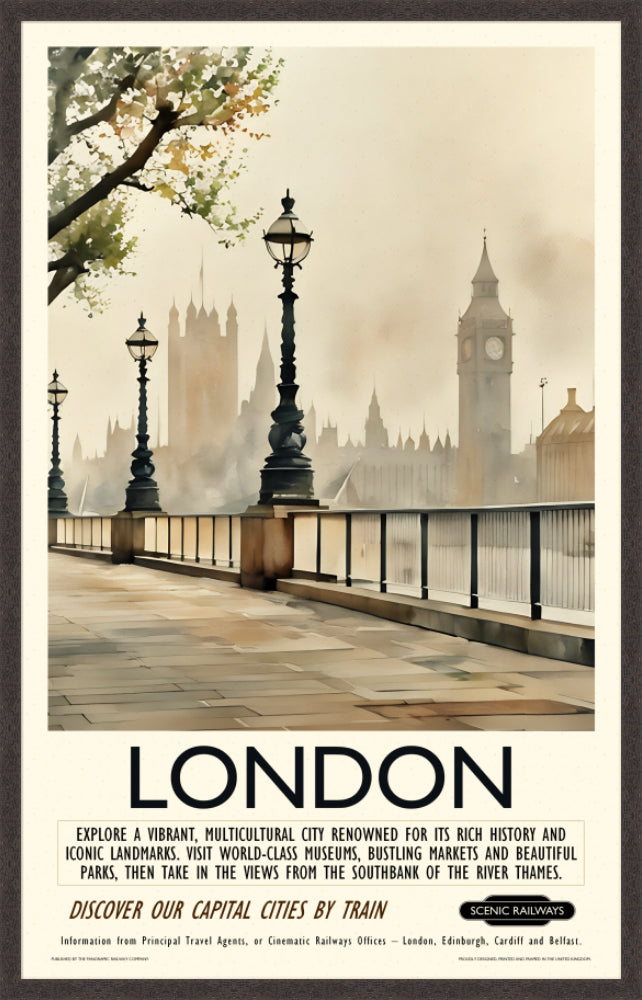 Vintage travel poster- London - Hazy Houses of Parliament - Scenic Railways