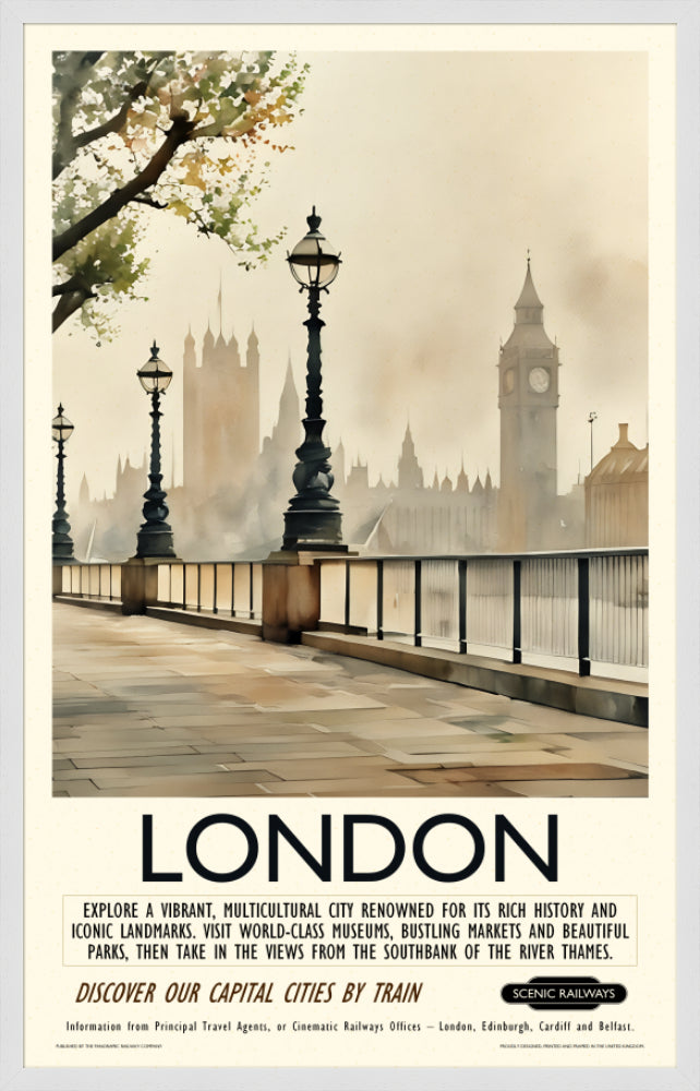 Vintage travel poster- London - Hazy Houses of Parliament - Scenic Railways