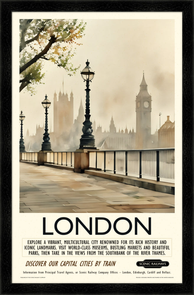 Vintage travel poster- London - Hazy Houses of Parliament - Scenic Railways