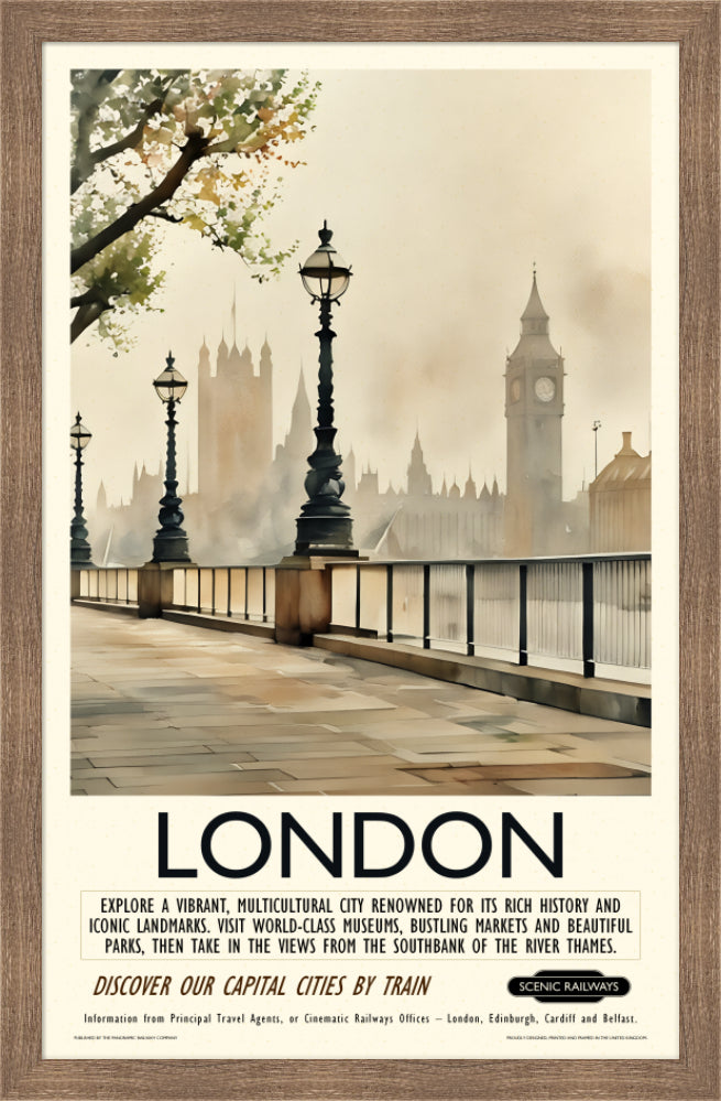 Vintage travel poster- London - Hazy Houses of Parliament - Scenic Railways