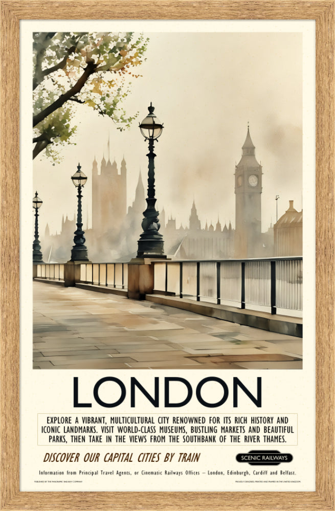 Vintage travel poster- London - Hazy Houses of Parliament - Scenic Railways