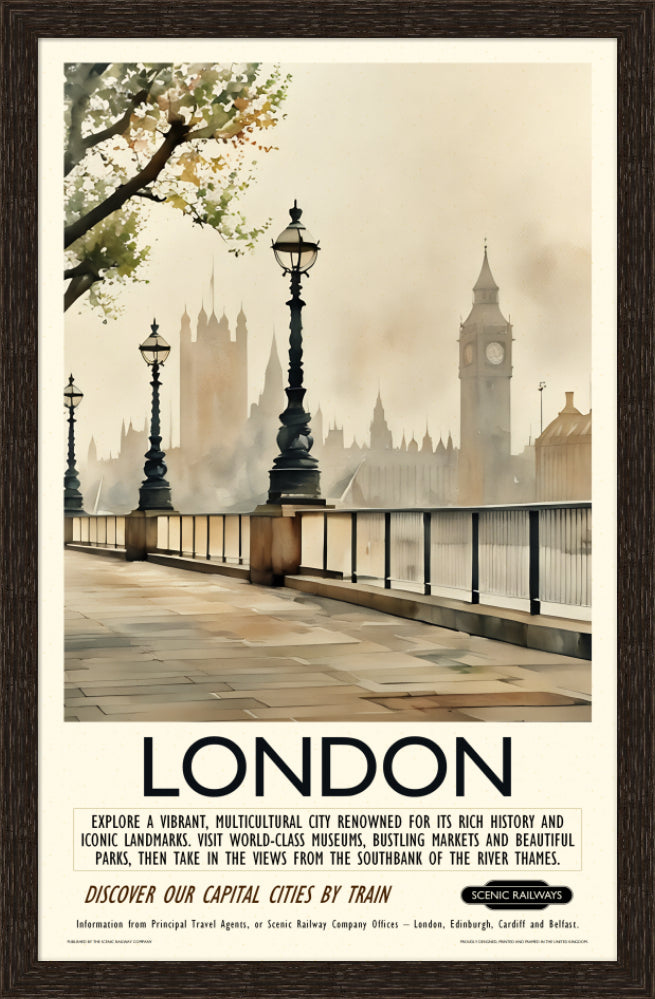 Vintage travel poster- London - Hazy Houses of Parliament - Scenic Railways