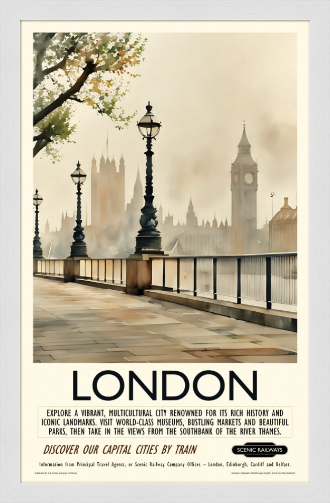 Vintage travel poster- London - Hazy Houses of Parliament - Scenic Railways