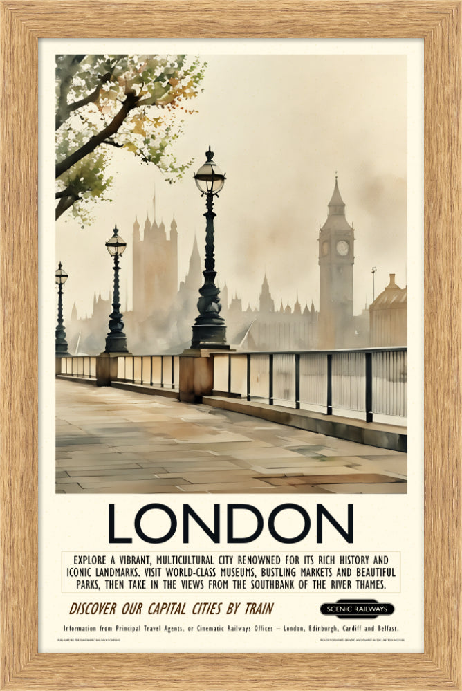 Vintage travel poster- London - Hazy Houses of Parliament - Scenic Railways