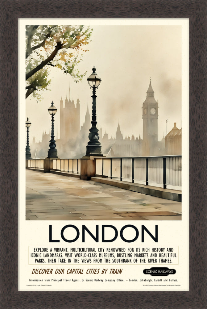 Vintage travel poster- London - Hazy Houses of Parliament - Scenic Railways