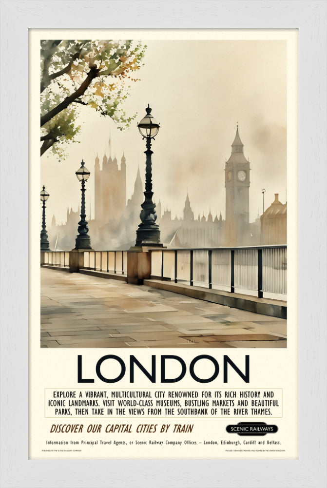 Vintage travel poster- London - Hazy Houses of Parliament - Scenic Railways