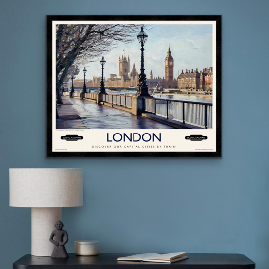 Vintage travel poster- London, The Houses of Parliament from the South Bank - Scenic Railways