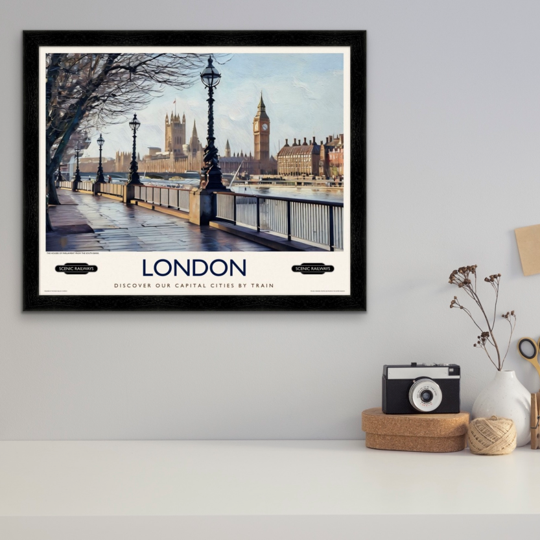 Vintage travel poster- London, The Houses of Parliament from the South Bank - Scenic Railways