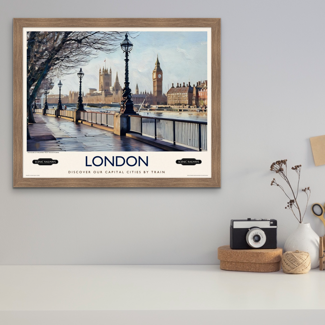 Vintage travel poster- London, The Houses of Parliament from the South Bank - Scenic Railways