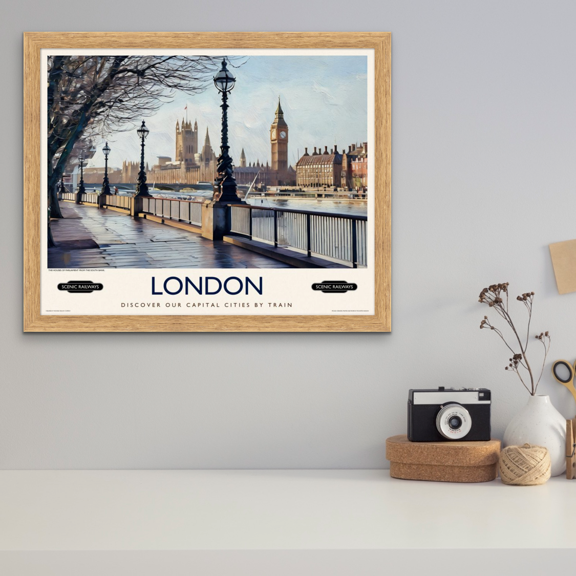 Vintage travel poster- London, The Houses of Parliament from the South Bank - Scenic Railways