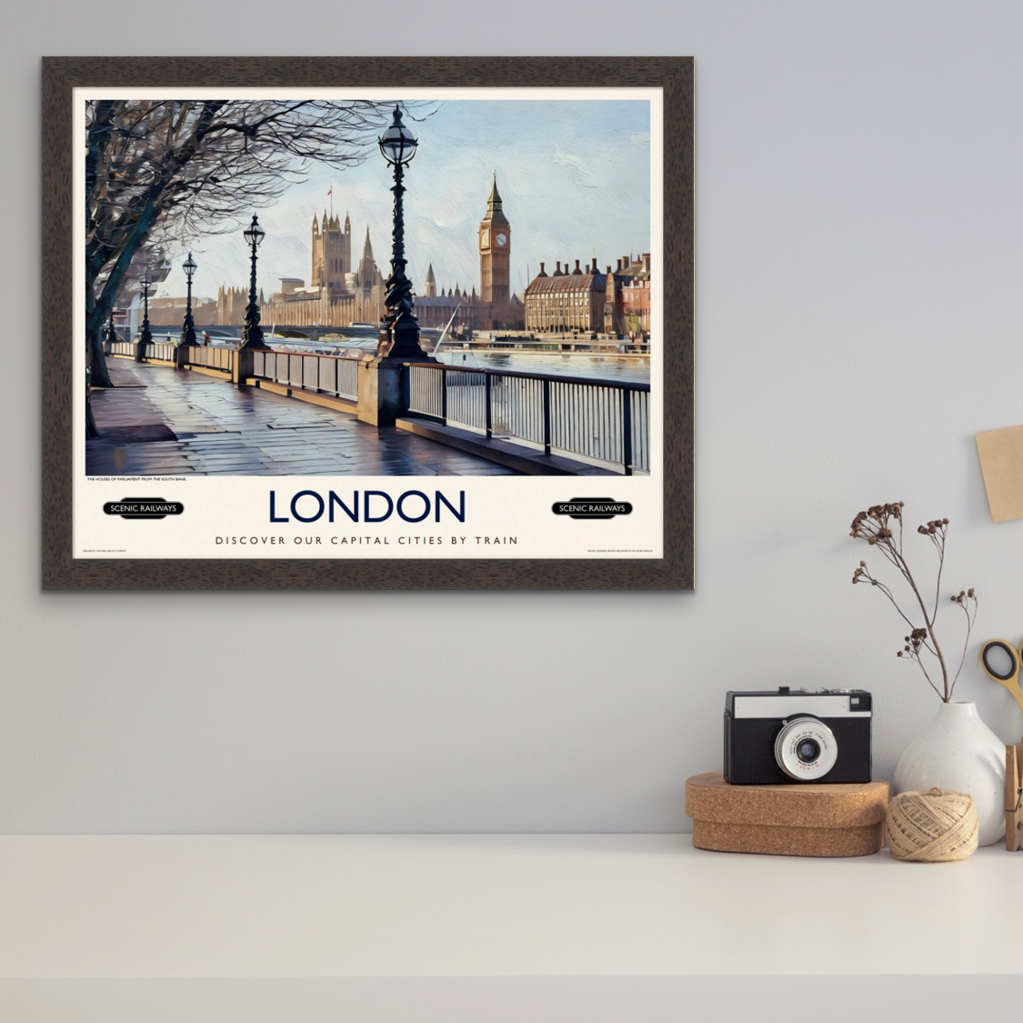 Vintage travel poster- London, The Houses of Parliament from the South Bank - Scenic Railways