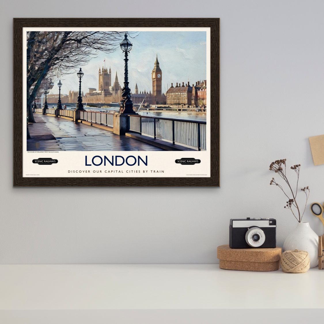 Vintage travel poster- London, The Houses of Parliament from the South Bank - Scenic Railways