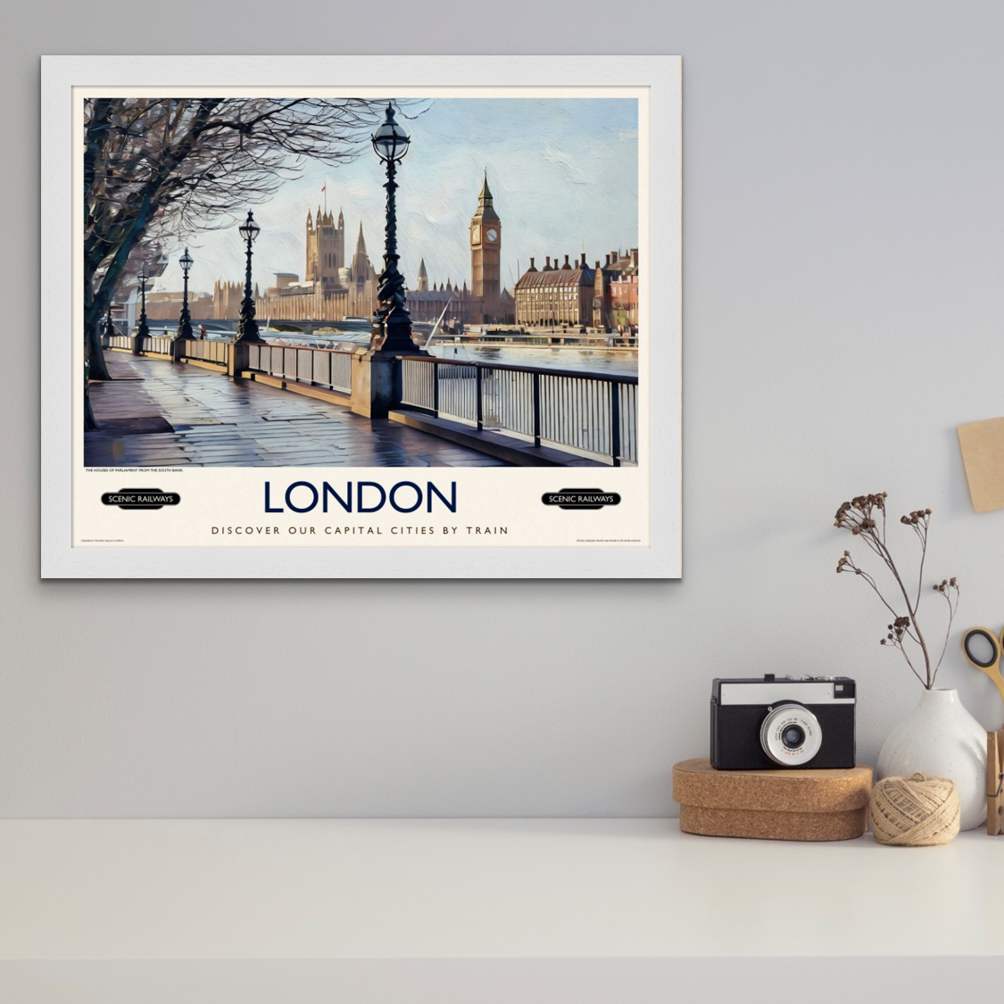 Vintage travel poster- London, The Houses of Parliament from the South Bank - Scenic Railways