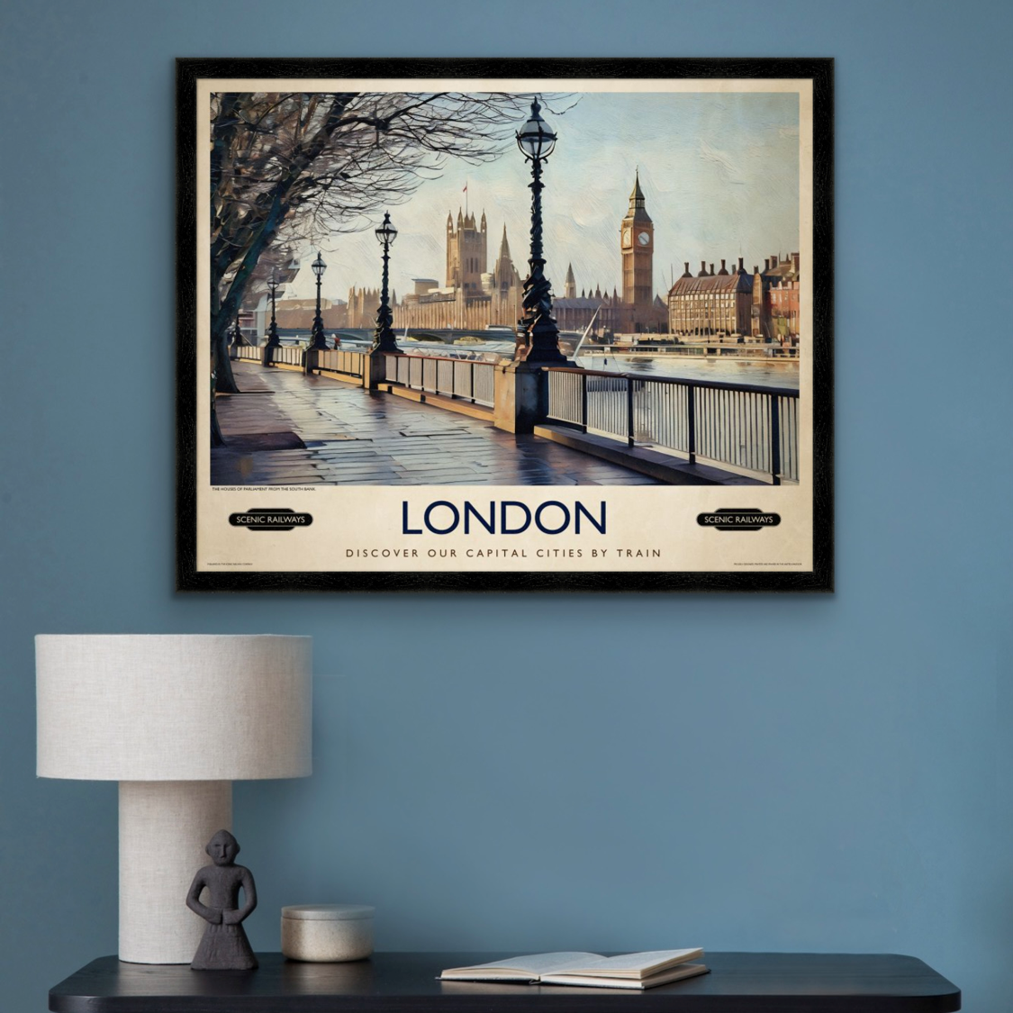 Vintage travel poster- London, The Houses of Parliament from the South Bank - Scenic Railways