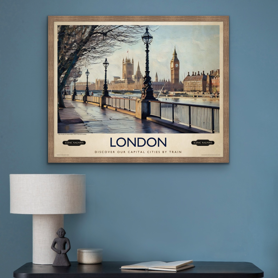 Vintage travel poster- London, The Houses of Parliament from the South Bank - Scenic Railways
