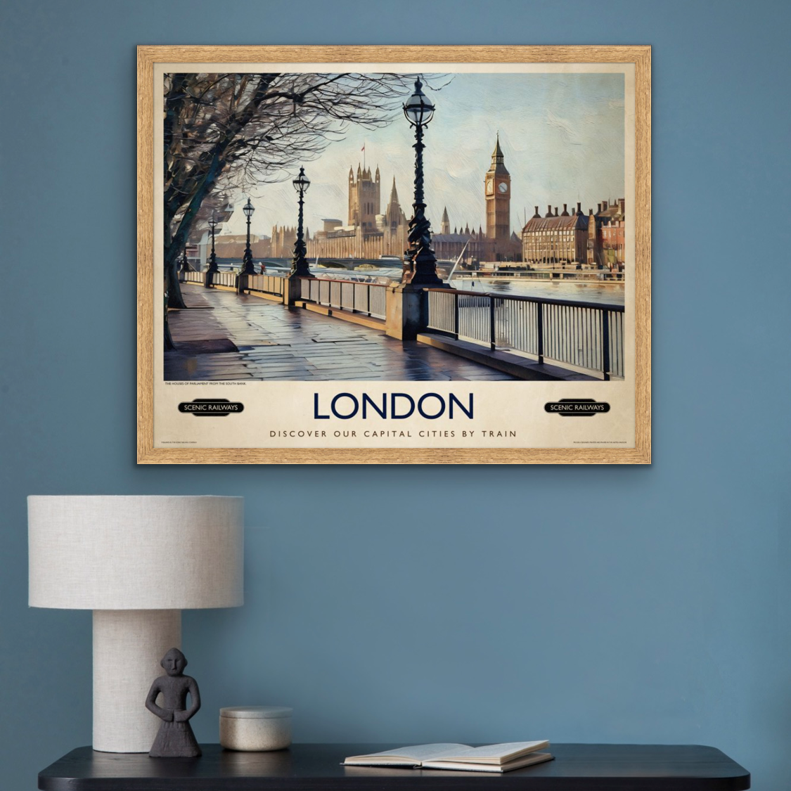 Vintage travel poster- London, The Houses of Parliament from the South Bank - Scenic Railways