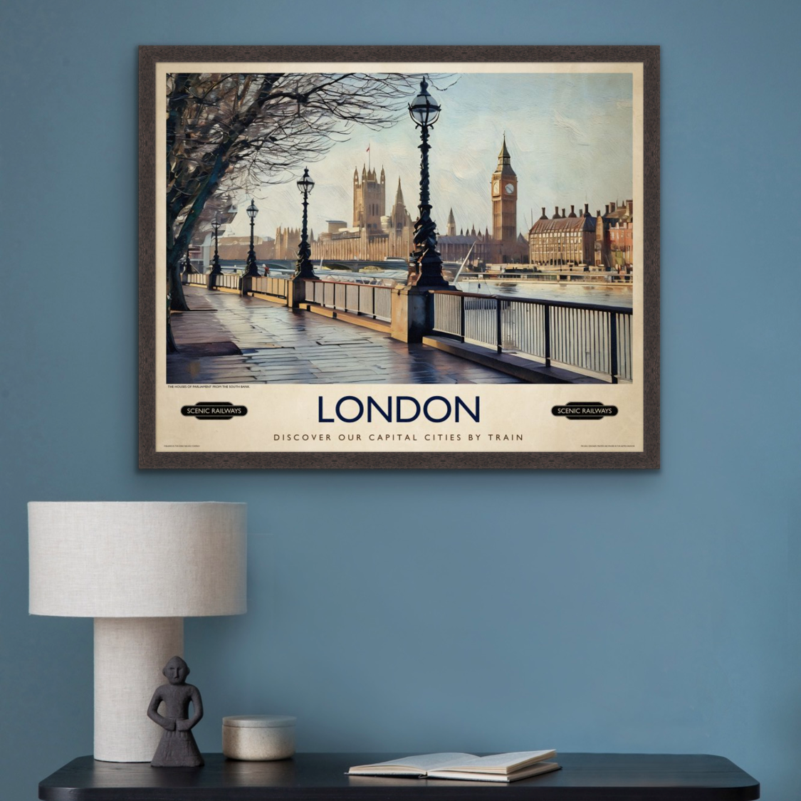 Vintage travel poster- London, The Houses of Parliament from the South Bank - Scenic Railways
