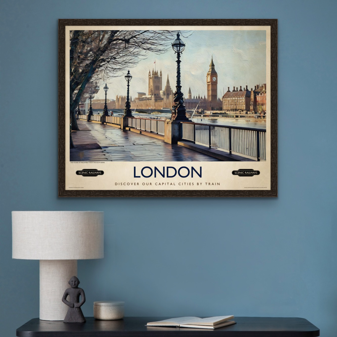 Vintage travel poster- London, The Houses of Parliament from the South Bank - Scenic Railways