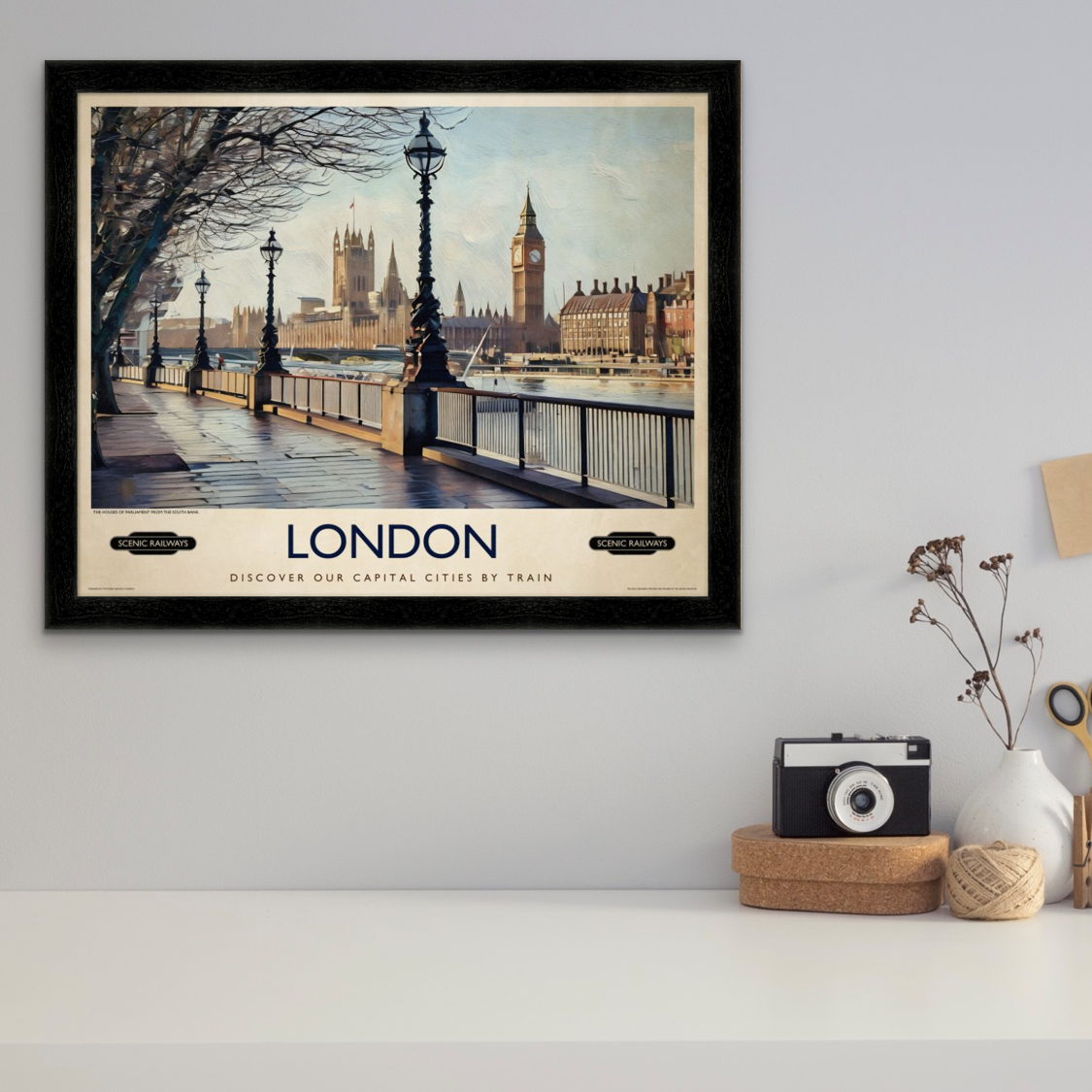 Vintage travel poster- London, The Houses of Parliament from the South Bank - Scenic Railways