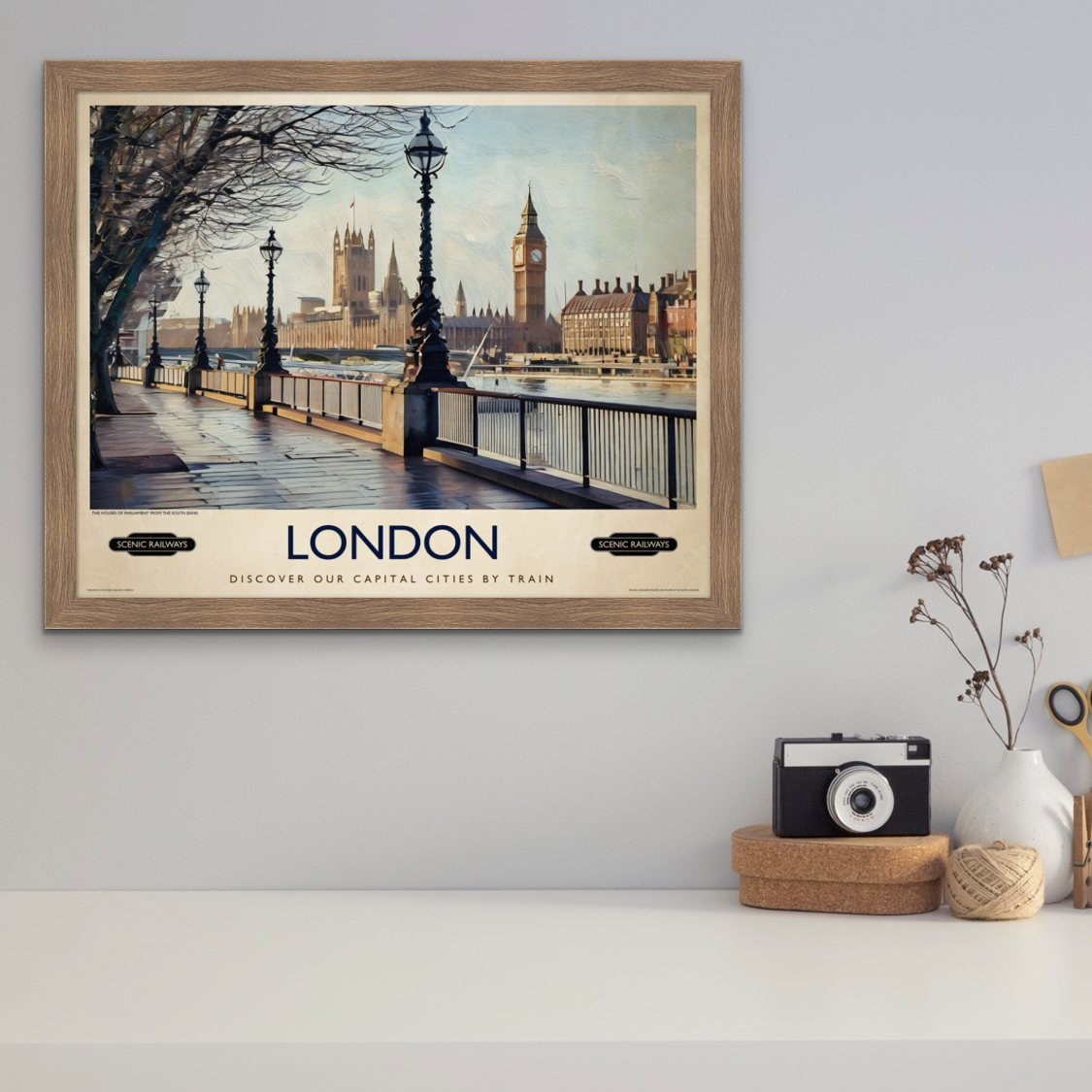 Vintage travel poster- London, The Houses of Parliament from the South Bank - Scenic Railways