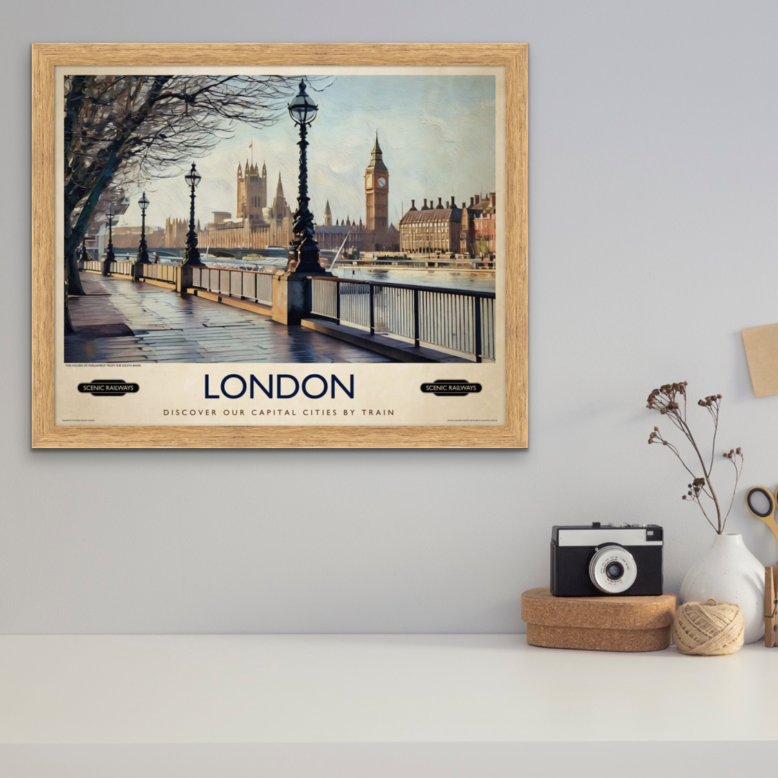 Vintage travel poster- London, The Houses of Parliament from the South Bank - Scenic Railways