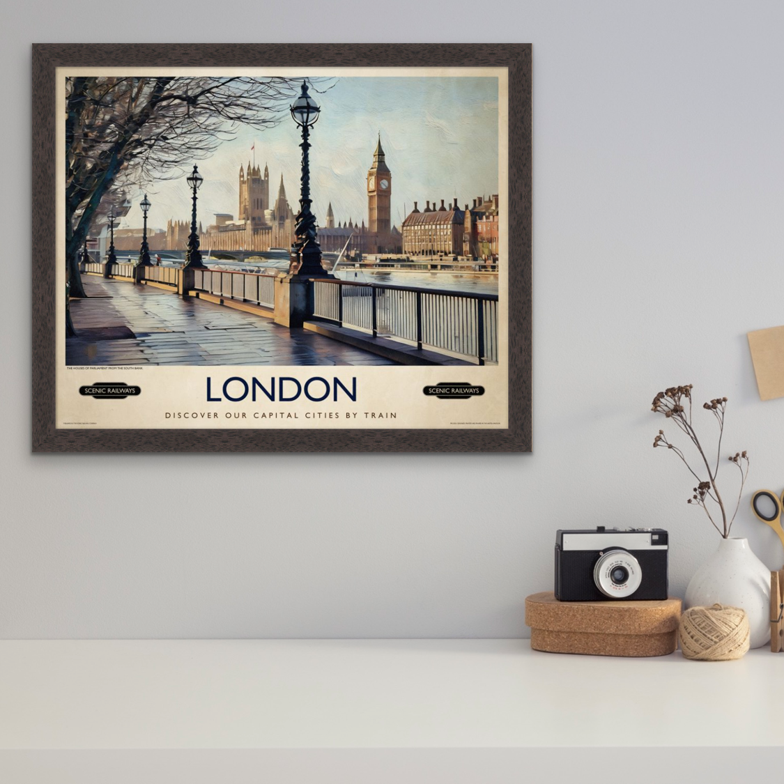Vintage travel poster- London, The Houses of Parliament from the South Bank - Scenic Railways