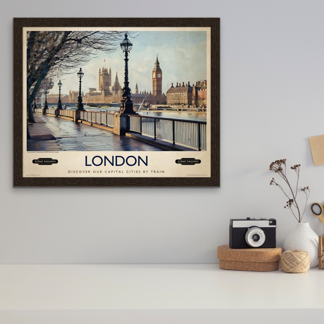 Vintage travel poster- London, The Houses of Parliament from the South Bank - Scenic Railways