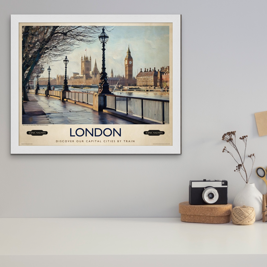 Vintage travel poster- London, The Houses of Parliament from the South Bank - Scenic Railways
