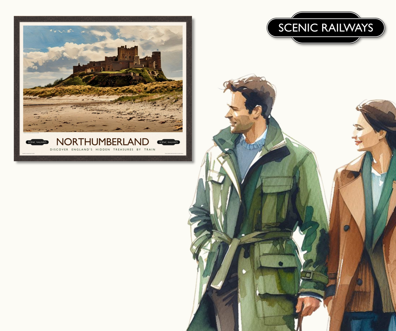 Vintage travel poster- Northumberland, Bamburgh Castle - Scenic Railways