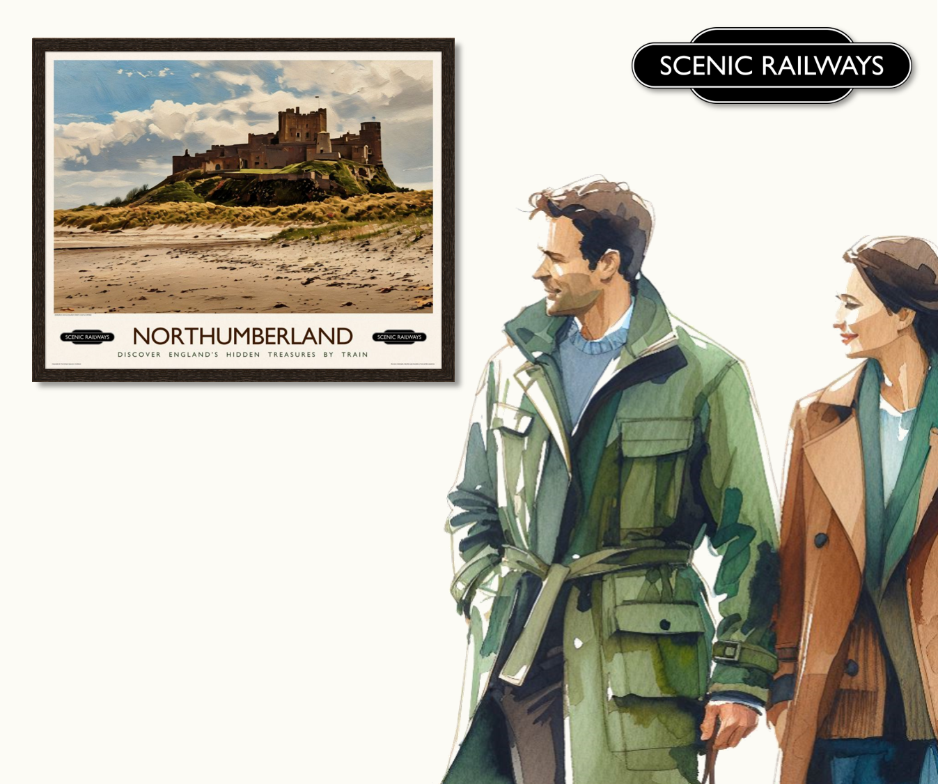 Vintage travel poster- Northumberland, Bamburgh Castle - Scenic Railways