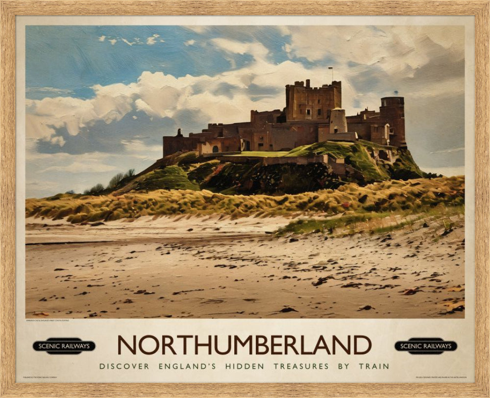 Vintage travel poster- Northumberland, Bamburgh Castle - Scenic Railways