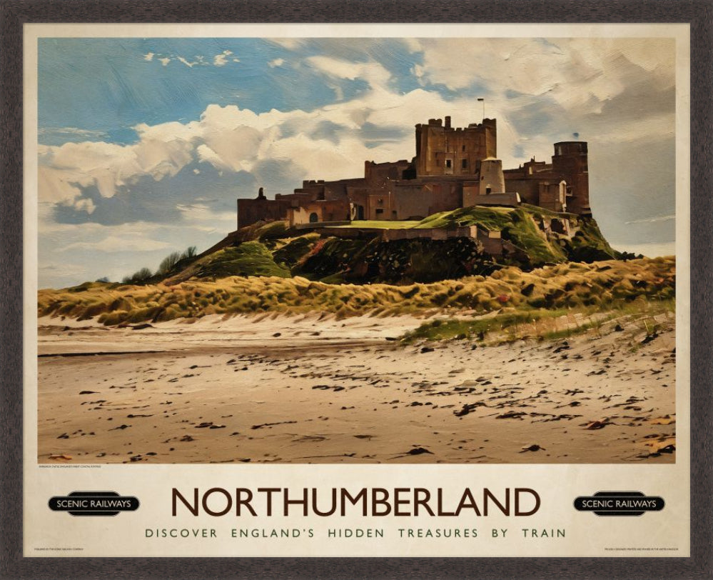 Vintage travel poster- Northumberland, Bamburgh Castle - Scenic Railways