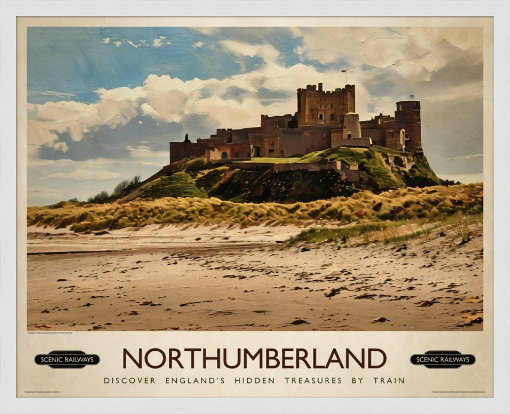 Vintage travel poster- Northumberland, Bamburgh Castle - Scenic Railways