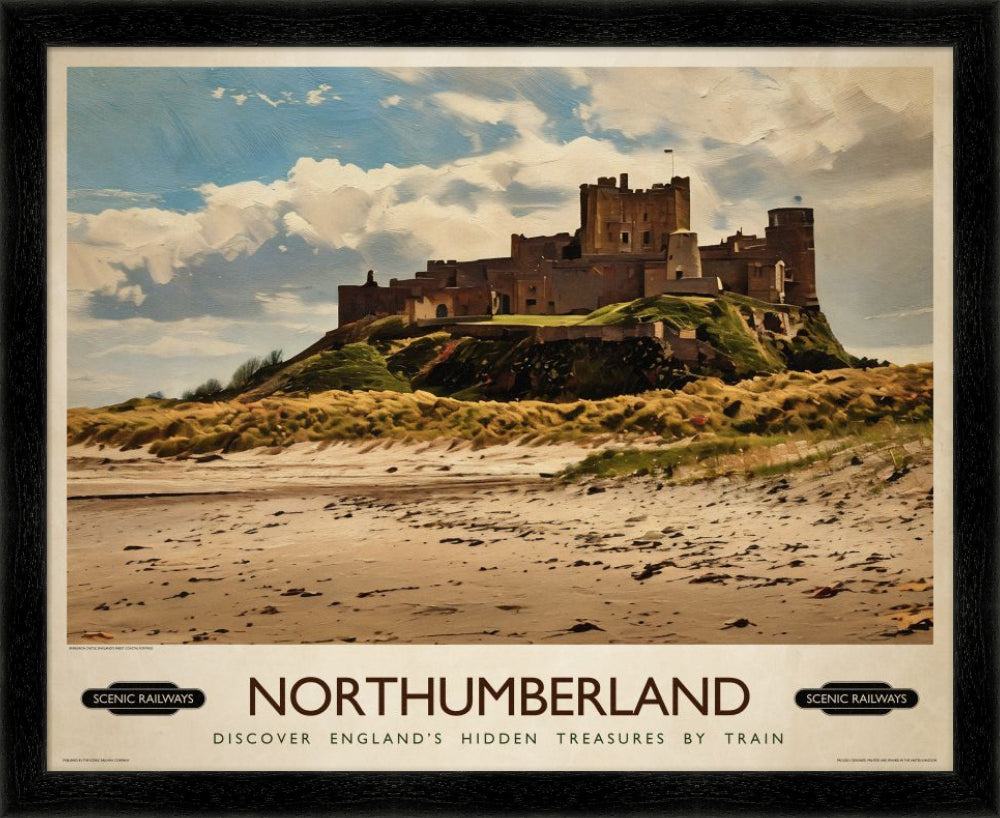 Vintage travel poster- Northumberland, Bamburgh Castle - Scenic Railways