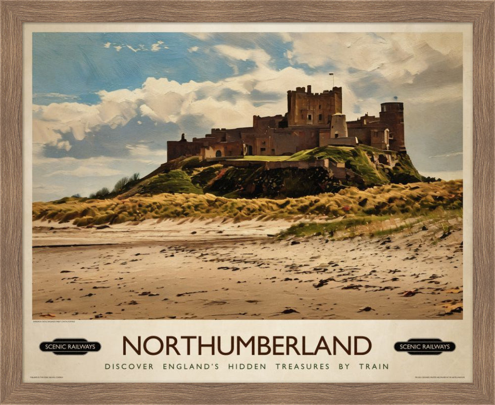 Vintage travel poster- Northumberland, Bamburgh Castle - Scenic Railways