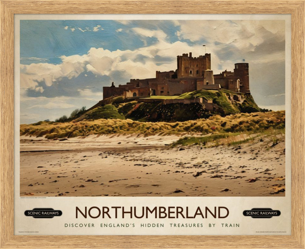 Vintage travel poster- Northumberland, Bamburgh Castle - Scenic Railways