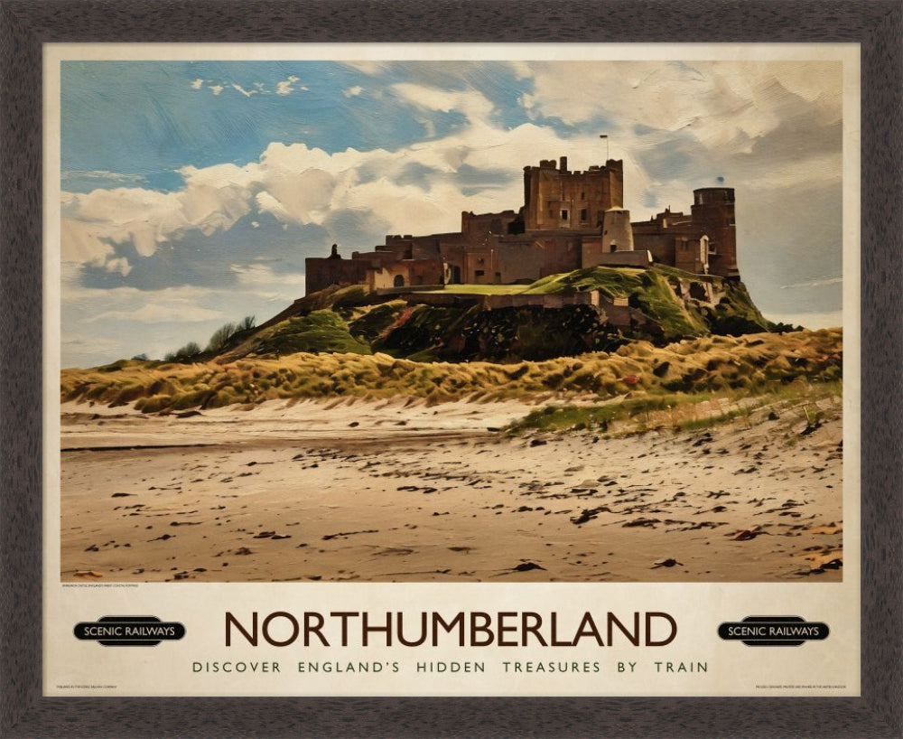 Vintage travel poster- Northumberland, Bamburgh Castle - Scenic Railways