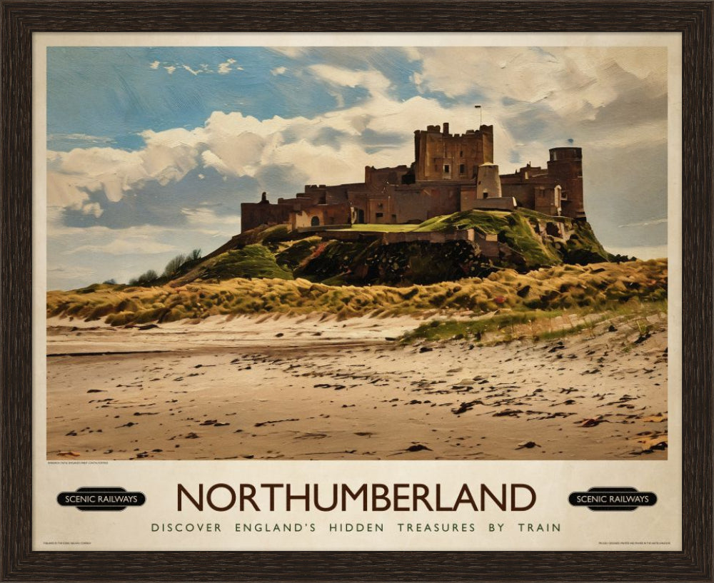 Vintage travel poster- Northumberland, Bamburgh Castle - Scenic Railways