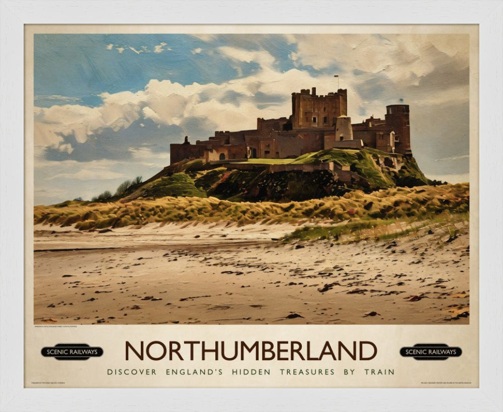 Vintage travel poster- Northumberland, Bamburgh Castle - Scenic Railways