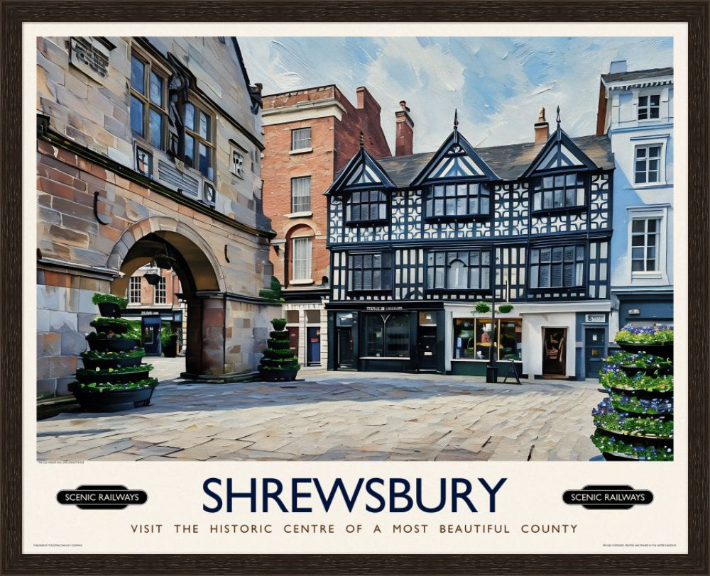 Vintage travel poster- Shrewsbury, Shropshire - Scenic Railways