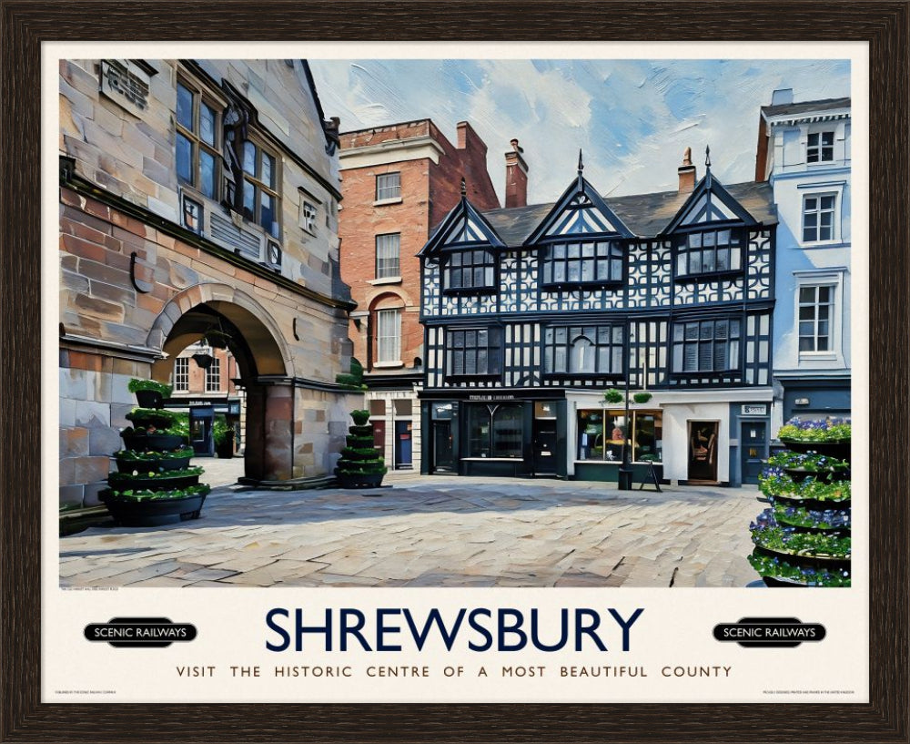 Vintage travel poster- Shrewsbury, Shropshire - Scenic Railways