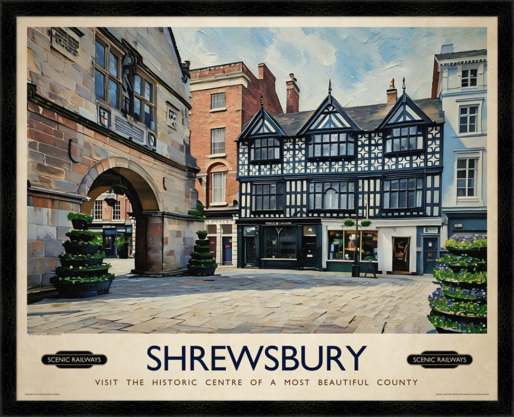 Vintage travel poster- Shrewsbury, Shropshire - Scenic Railways